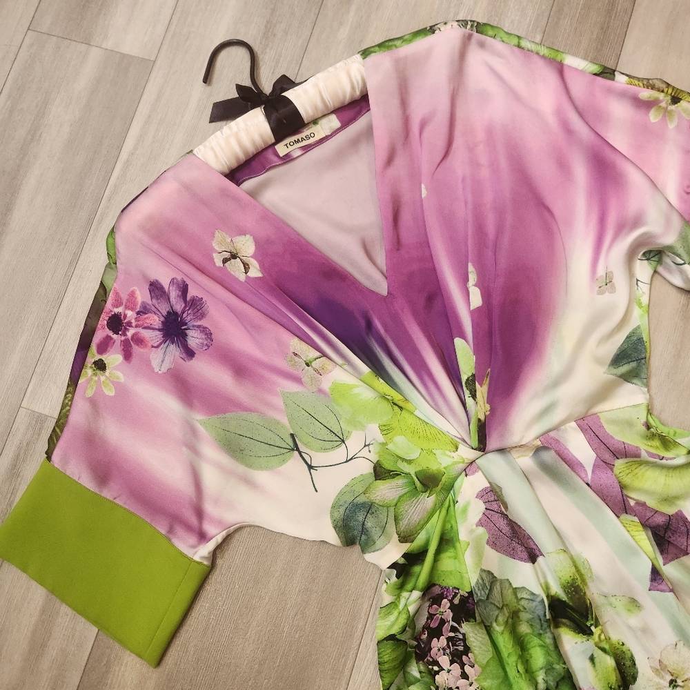 Kimono dress women's 6 floral green purple pink wrap tunic mini Made in Italy - Picture 3 of 13